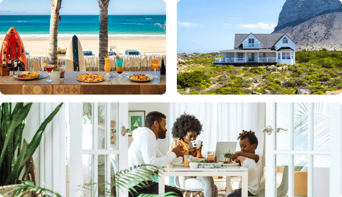 A collage of a lunch on the beach, a house in the veld and a family eating lunch together.