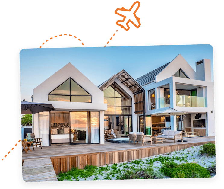 A beautiful house with an illustrated airplane flying past it